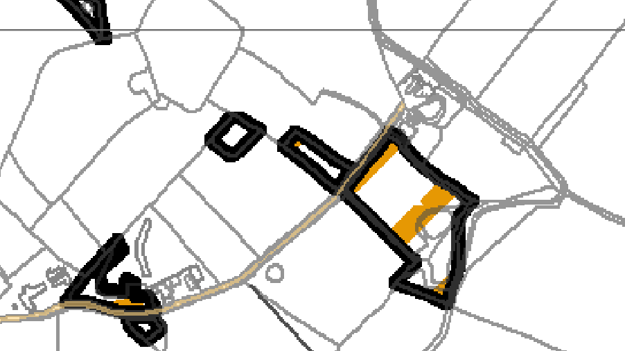 A digital site plan showing field boundaries, roads, and black outlines of structures with a highlighted yellow section.