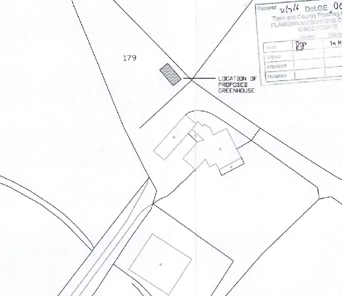 A black and white site plan showing the location of a proposed greenhouse relative to existing buildings and property boundaries.