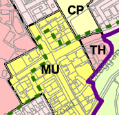 A zoning map displaying land use designations with colored areas labeled MU, CP, and TH, along with purple boundary lines.