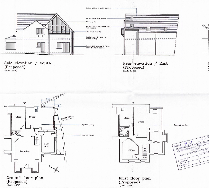 This image displays a set of architectural drawings including side and rear elevations, along with ground and first-floor plans for a proposed development.