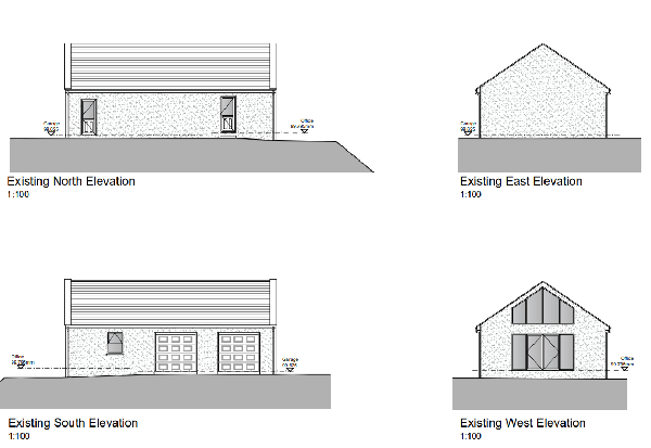 The image displays four architectural elevation drawings of an existing building, labeled as North, East, South, and West elevations at a 1:100 scale.