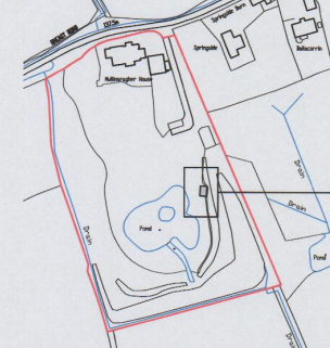 A site plan showing the red boundary line of a property, surrounding roads like Millbragher Road, and features such as ponds and drains.