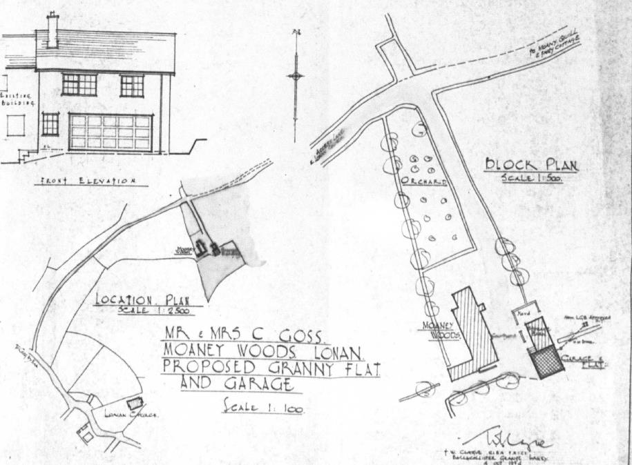 A planning drawing sheet containing a location plan, a block plan showing an orchard and site layout, and a front elevation of a proposed building.