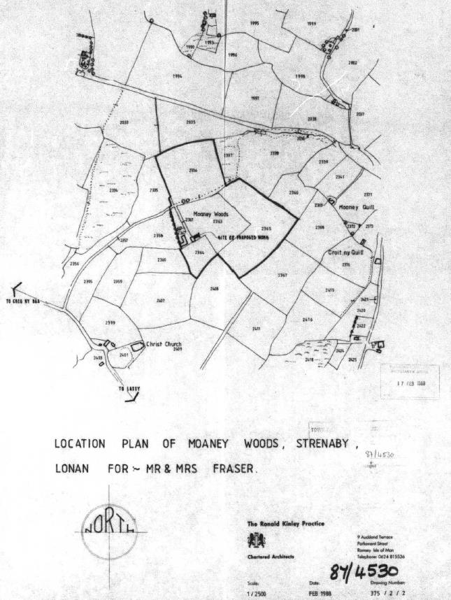 A 1998 location plan for Moaney Woods in Lonan, highlighting the site of a proposed barn conversion amidst surrounding agricultural fields and roads.