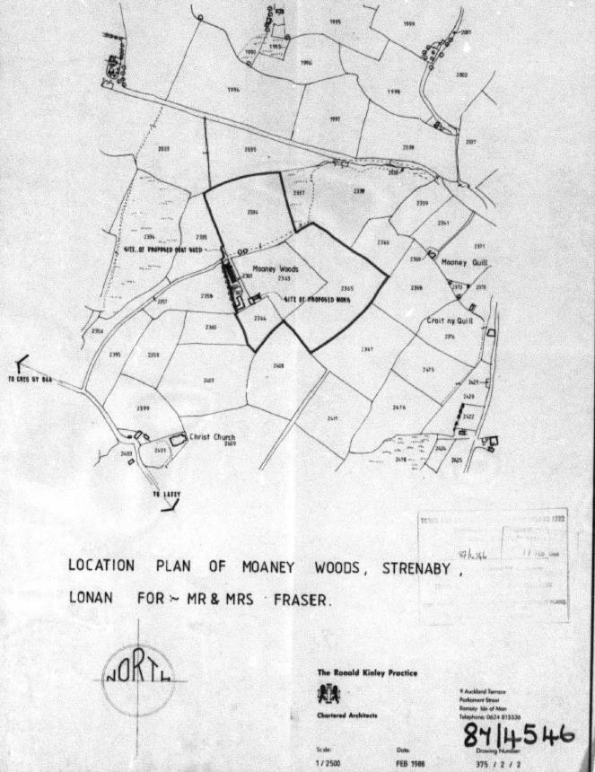 A scanned black and white location plan titled 'Location Plan of Mooney Woods, Strenaby, Lonan' showing field boundaries and the proposed works area outlined in thick black ink.
