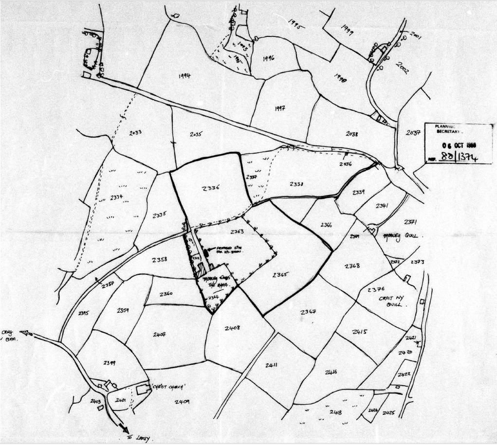A hand-drawn site plan showing agricultural land parcels, boundaries, and handwritten labels with a 1988 planning secretary stamp.