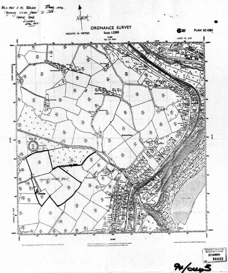 An Ordnance Survey map showing the site location and boundaries of Moaney Woods Farm in Lonan with a thick black outline indicating the property.
