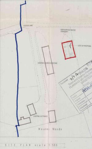 A site plan showing the layout of Moaney Woods Farm, highlighting existing agricultural buildings and cottages with the proposed site marked in red.