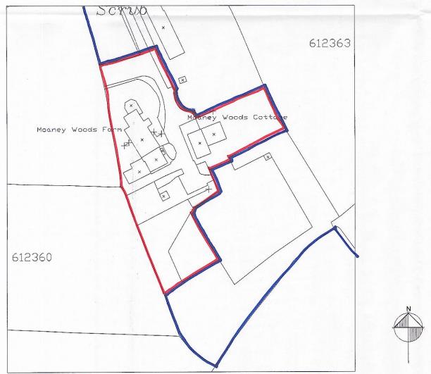 A site plan showing the layout of Mooaney Woods Farm and Mooaney Woods Cottage with red and blue boundary lines indicating the application area.