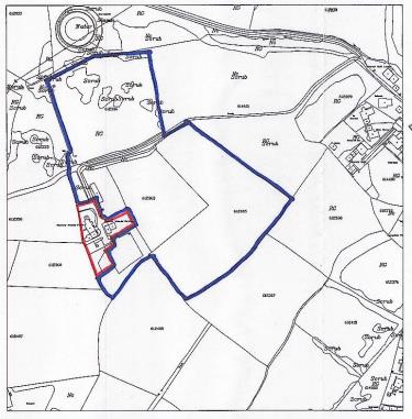 A site plan map showing property boundaries outlined in blue and red, highlighting the agricultural land and buildings.