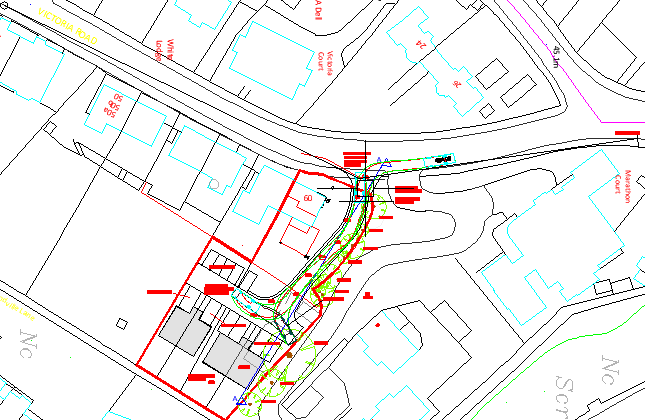 A technical site plan showing the application site outlined in red, surrounded by existing buildings labeled Victoria Court and Windsor Court, with green lines indicating a route or drainage path.
