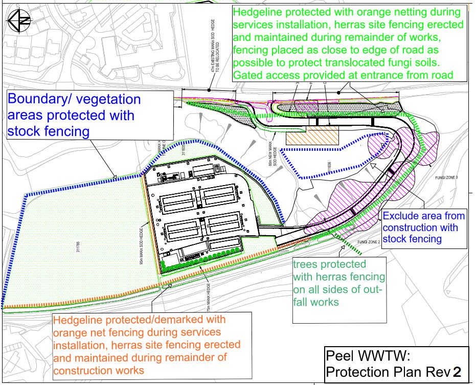 A technical site plan detailing protection measures for trees and hedgerows, including specific zones for fencing and exclusion areas.