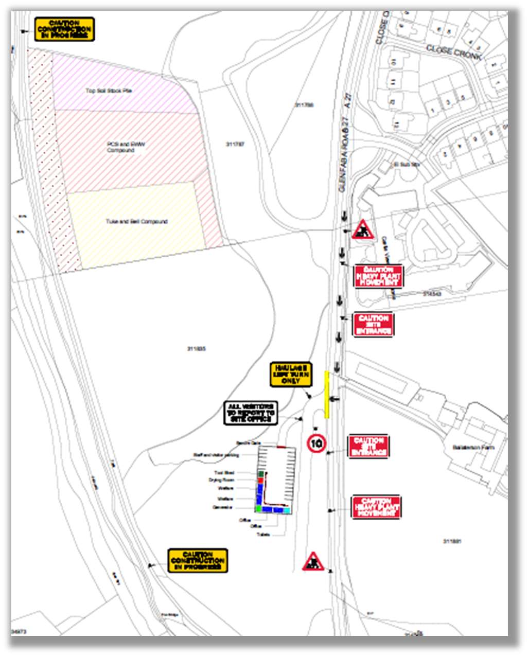 This image displays a site plan and traffic management layout for a construction project, showing designated compounds and parking areas. It includes road signage and traffic flow indicators along Glenfaban Road.