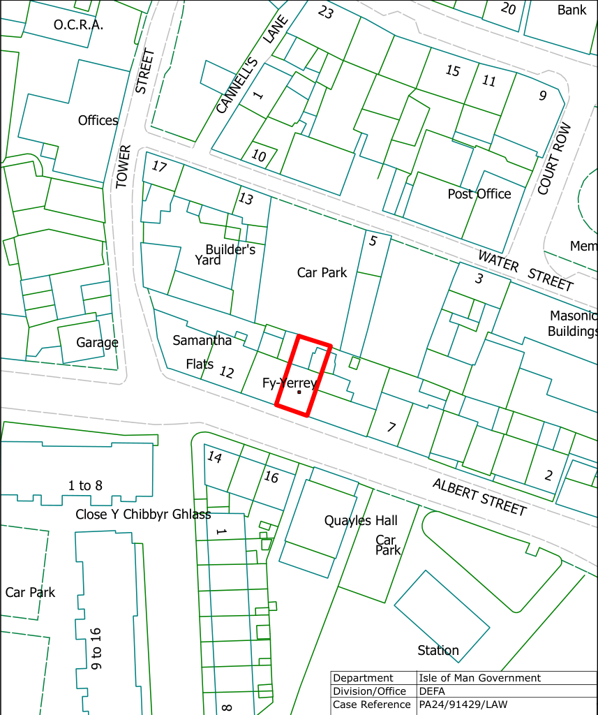 A cadastral map showing property boundaries and street names in a town center, with a specific building labeled 'Fy-Verrey' highlighted in red.