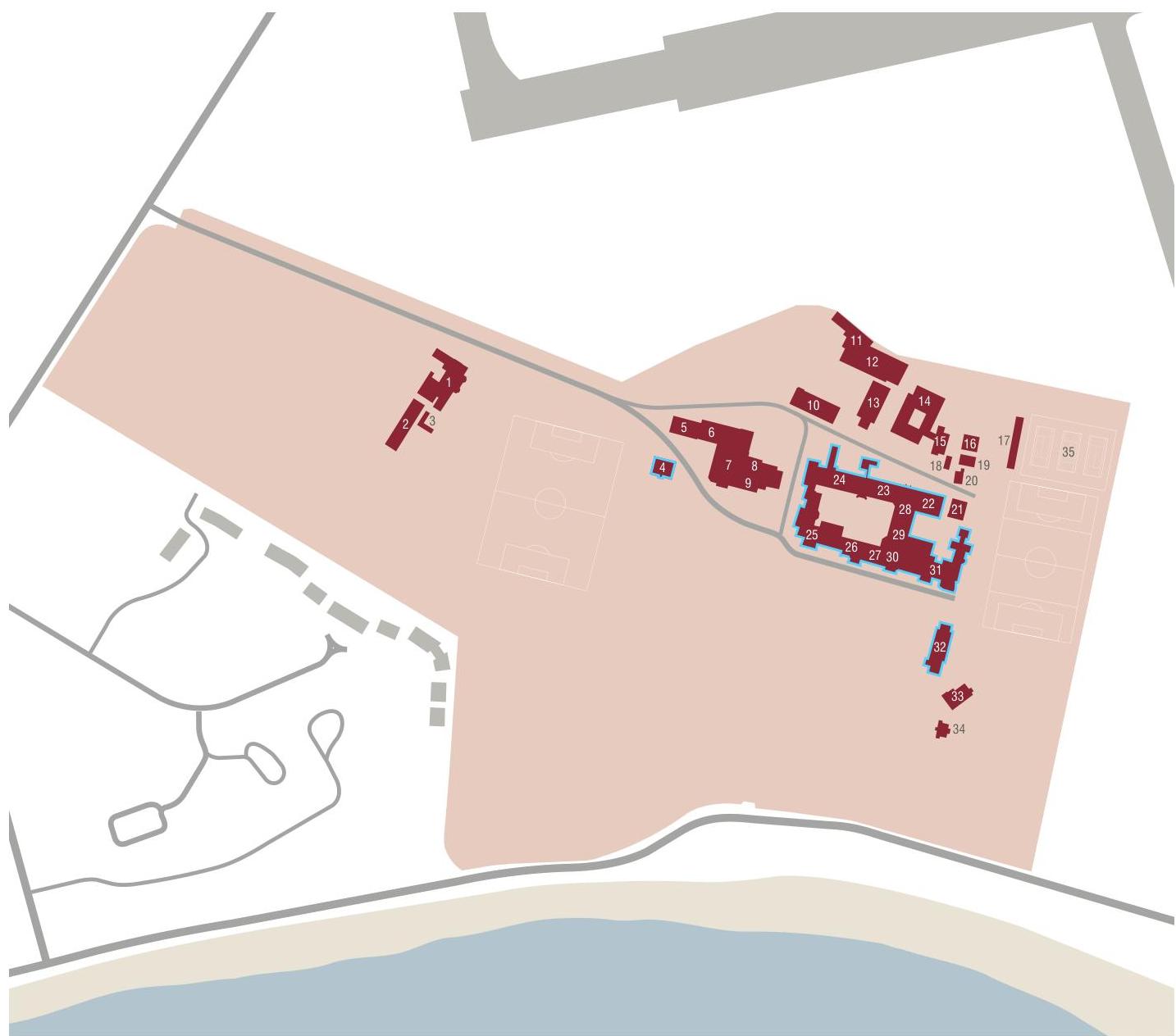 A site plan showing the layout of the Buchan School site with numbered buildings, sports pitches, and a coastal boundary.