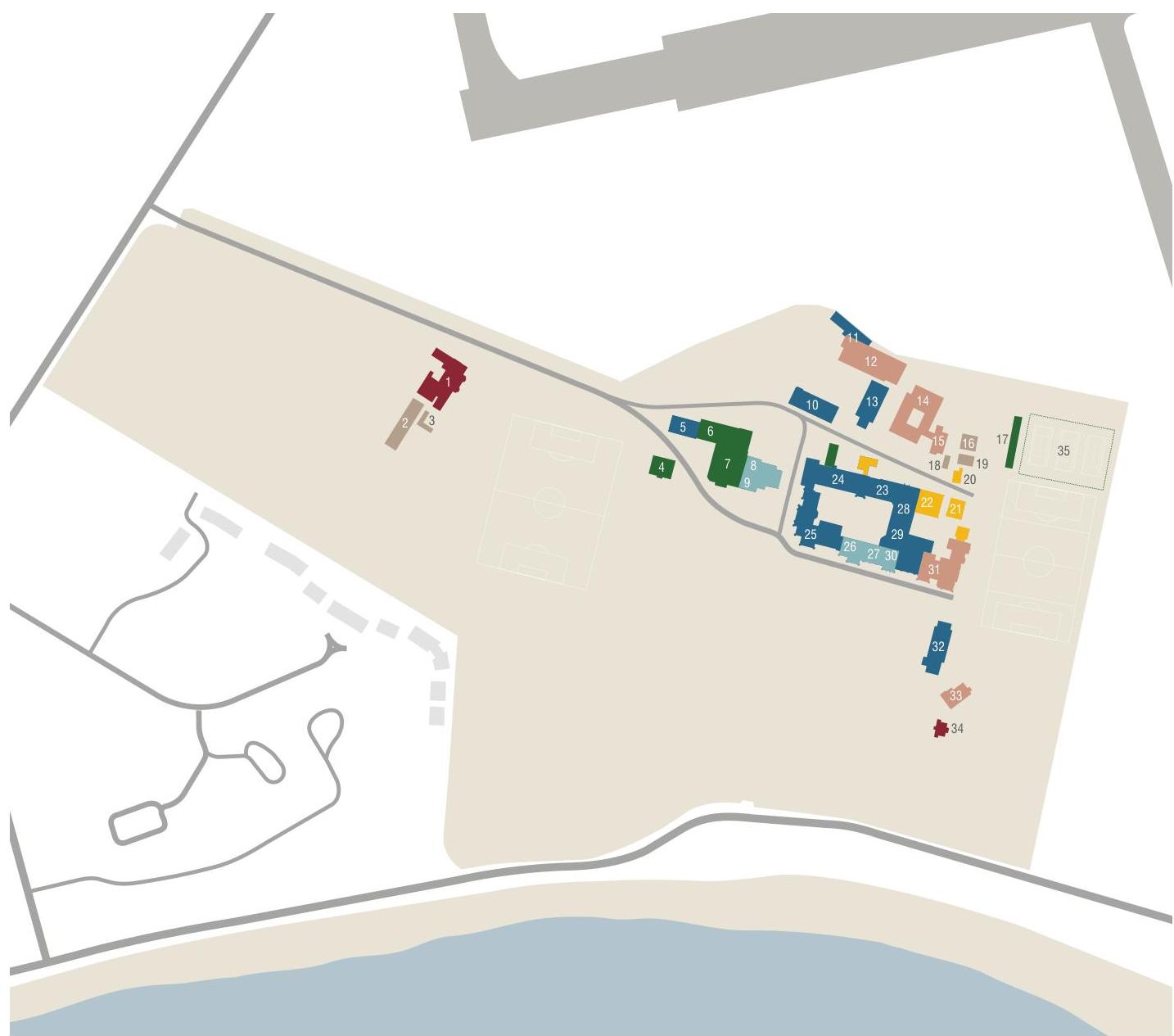 A site plan showing the layout of the Buchan School grounds with numbered buildings, sports pitches, and surrounding roads.