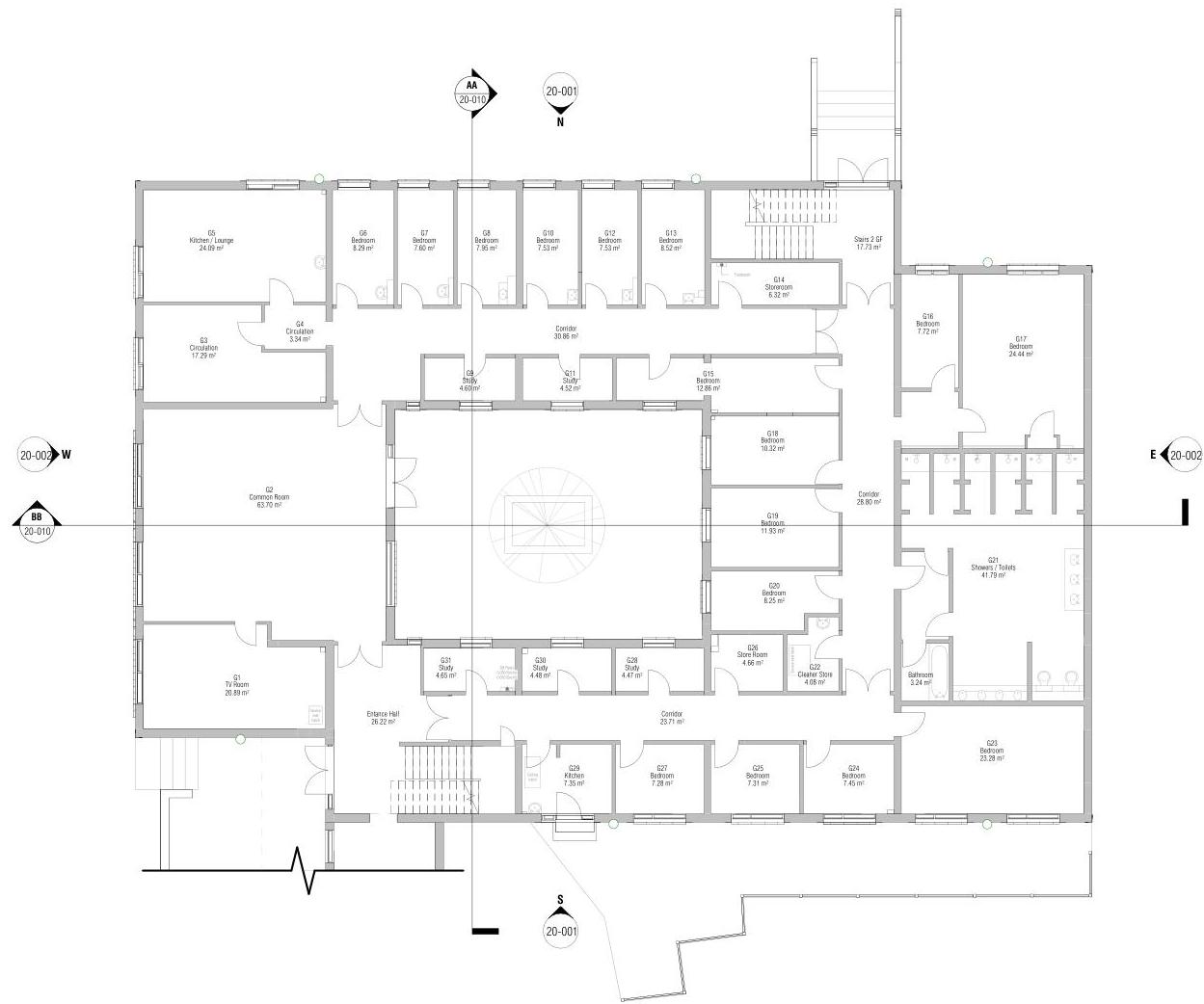 Architectural floor plan showing the ground floor layout of a building with multiple rooms including bedrooms, common areas, and bathrooms.