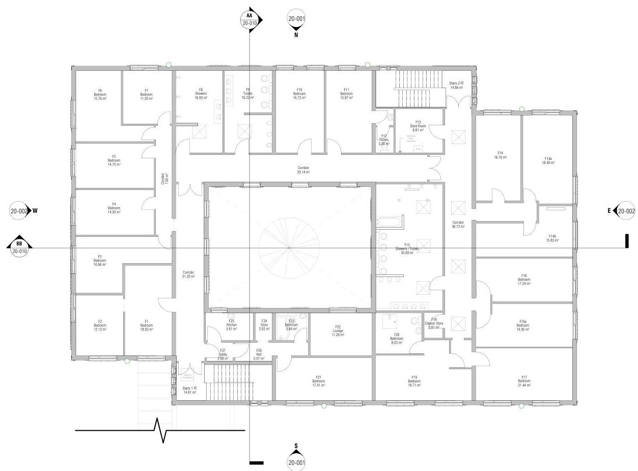 Architectural floor plan showing the ground floor layout of a building with labeled rooms like bedrooms and bathrooms, including compass directions and section markers.