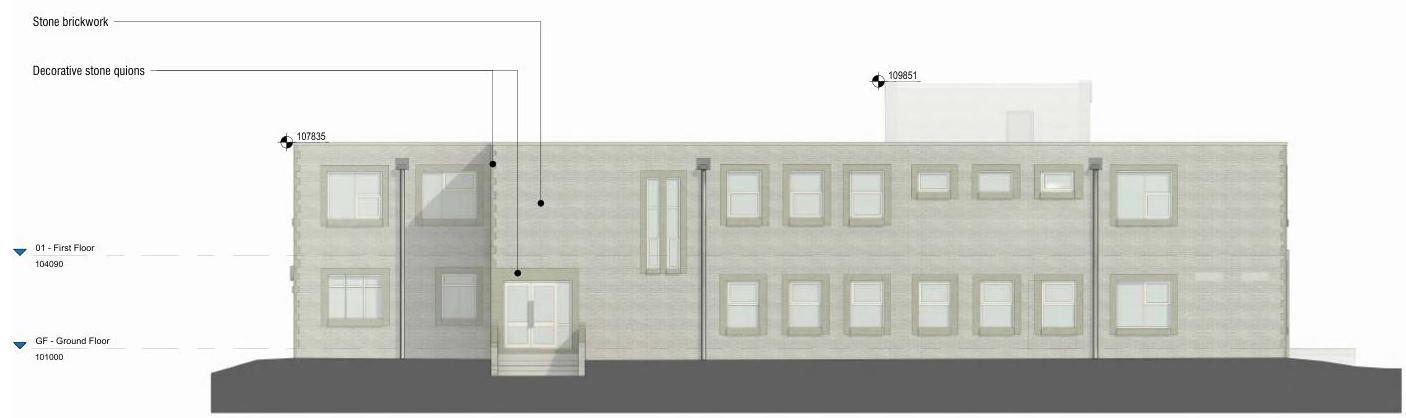 An architectural elevation drawing of a stone building facade, featuring annotations for materials like stone brickwork and decorative quions, along with floor level markers.