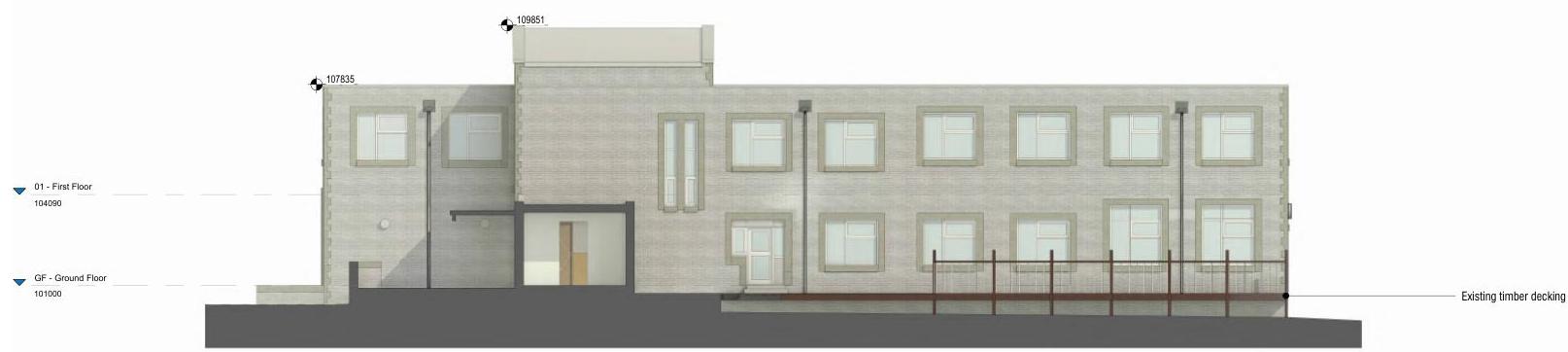 Architectural elevation drawing showing the ground and first floor levels of a building with window details, height markers, and a canopy structure.