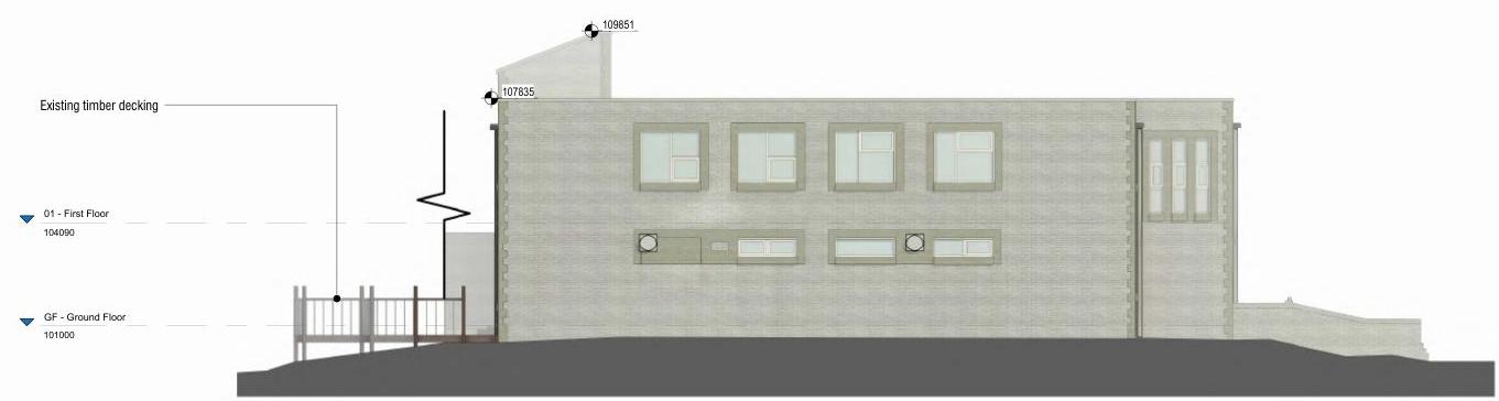 Architectural elevation drawing showing the side view of a building with ground and first floor levels indicated.