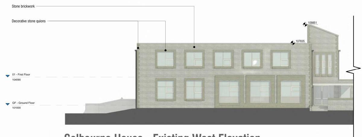 This image shows an architectural elevation drawing labeled 'Calbourne House - Existing West Elevation', detailing the facade with stone brickwork and window placements. It includes technical annotations for floor lev...