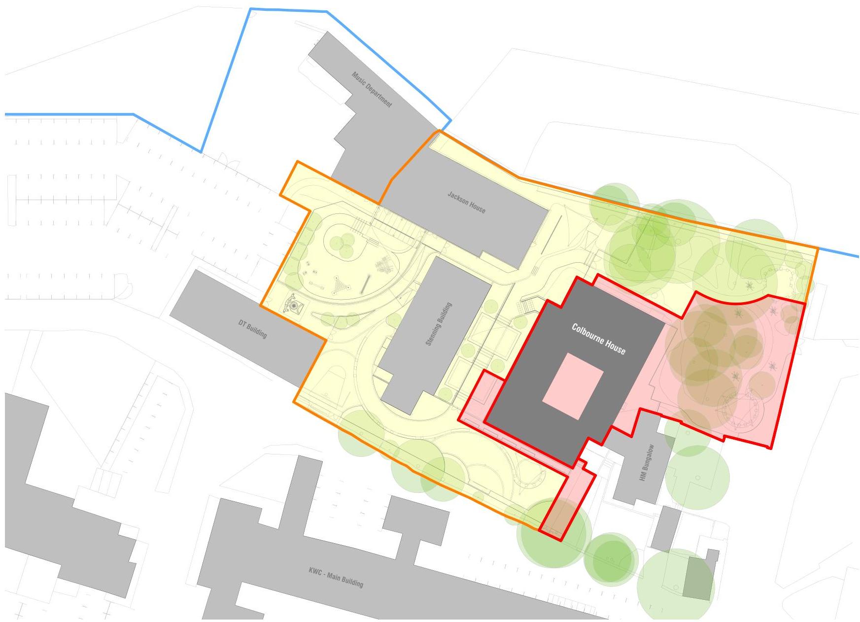 A site plan showing the layout of the Buchan School campus, highlighting buildings like Colbourne House and Jackson House with colored outlines and landscaping features.