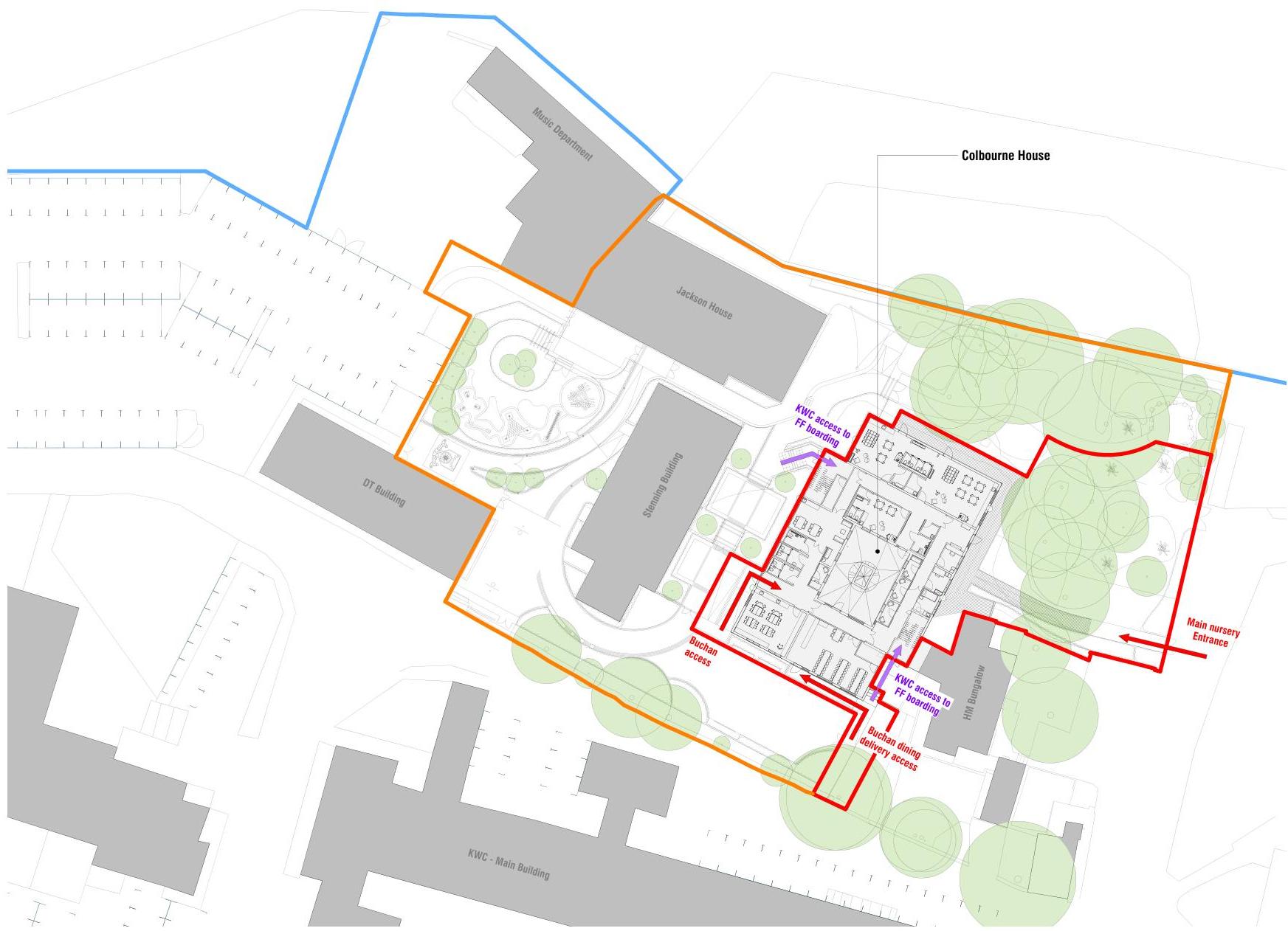 A site plan showing the Buchan School campus with highlighted nursery areas, surrounding buildings, parking spaces, and landscaping features.