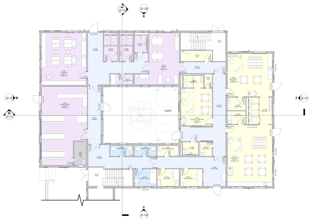 Architectural floor plan showing the ground floor layout of a nursery with multiple classrooms and a central courtyard area marked for a canopy.