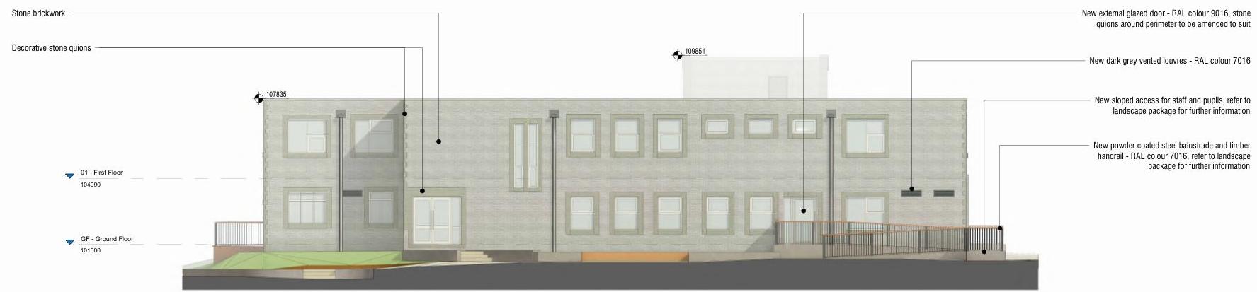 This image displays a detailed architectural elevation drawing of a building facade, annotated with proposed materials and features for a refurbishment project. Labels indicate specific elements such as stone brickwor...