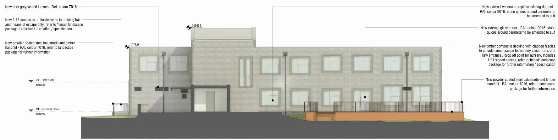 Architectural elevation drawing showing proposed refurbishment works for a nursery, including new windows, doors, and an access ramp.