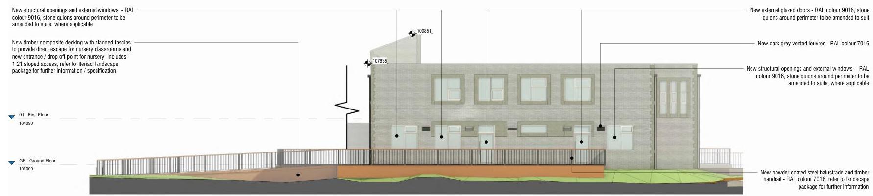 Architectural elevation drawing showing proposed structural openings, windows, and doors for a nursery refurbishment project.