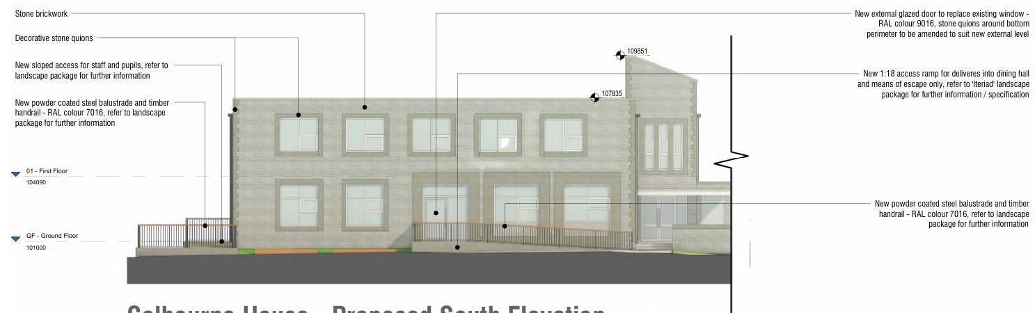 The image shows a proposed south elevation architectural drawing of Colbourn House, detailing features like stone brickwork, windows, and a new access ramp.