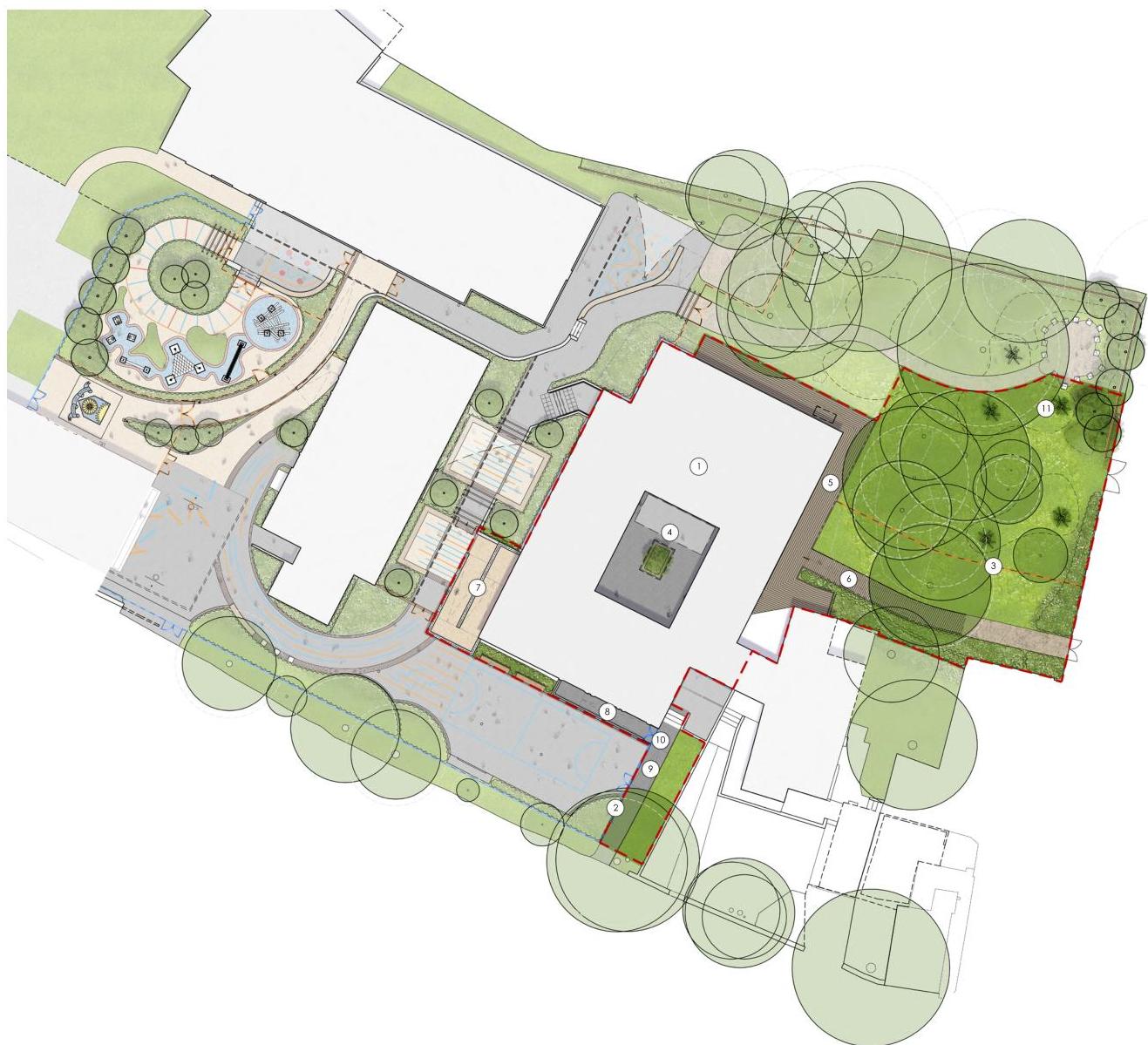 A colored site plan showing the layout of a school building, internal courtyard, and extensive proposed landscaping works including trees and pathways.