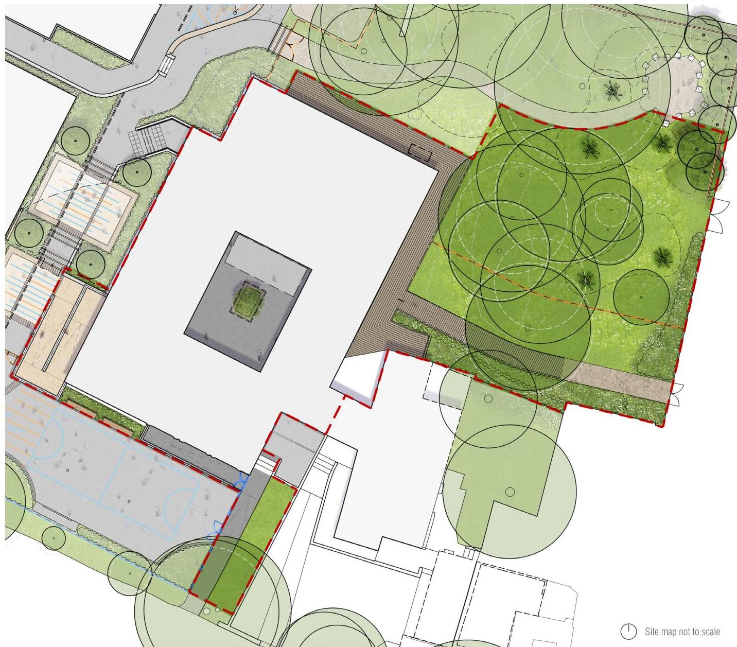 A site plan showing the layout of a school property with extensive landscaping, a central courtyard, and a sports court, marked with red boundary lines.