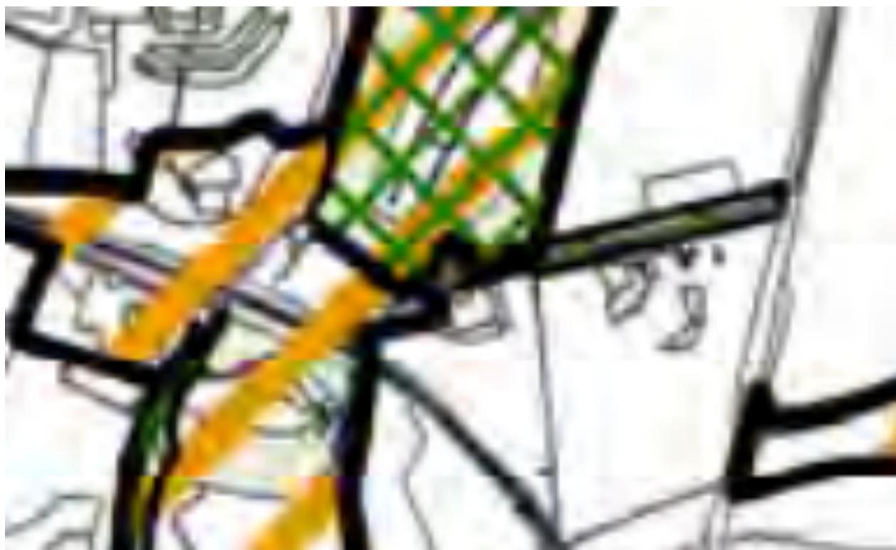 A close-up view of a site plan or map showing thick black boundary lines and colored overlays including green cross-hatching and yellow markings.