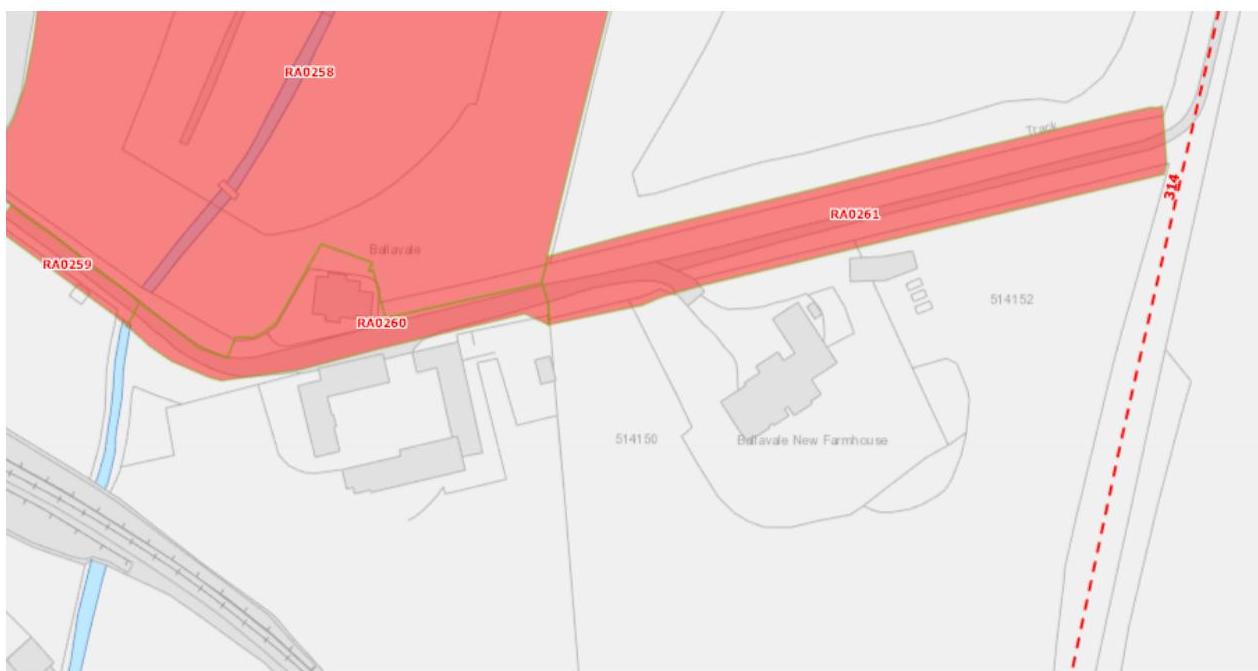 A site plan map showing the location of Ballavale New Farmhouse with red shaded zones indicating specific areas or constraints.