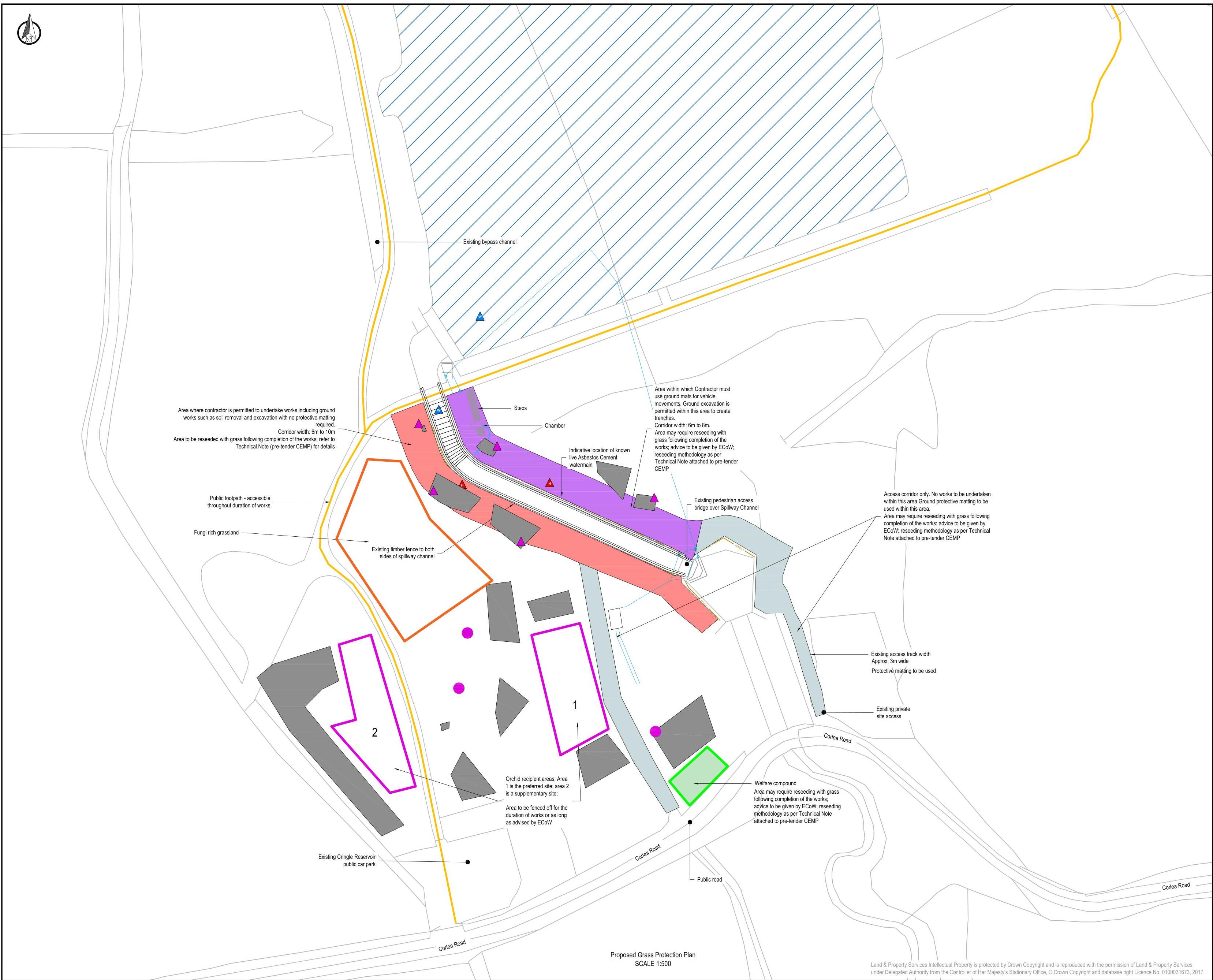 A technical site plan titled 'Proposed Grass Protection Plan' illustrating colored zones for construction activities and grassland protection areas around Cringle Impounding Reservoir.