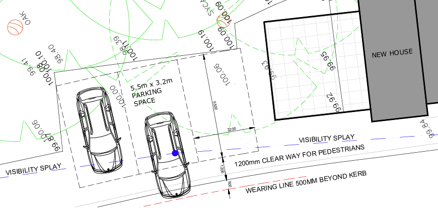 A technical site plan detail showing a parking layout, visibility splay, and contours for a proposed new house.