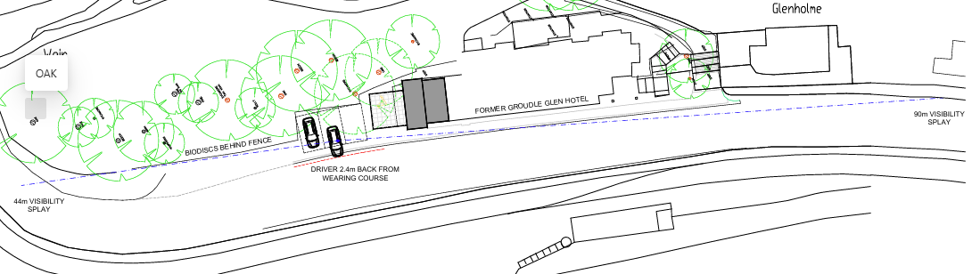 Site plan showing the Former Groudle Glen Hotel with proposed landscaping, parking spaces, and visibility splays along the road.