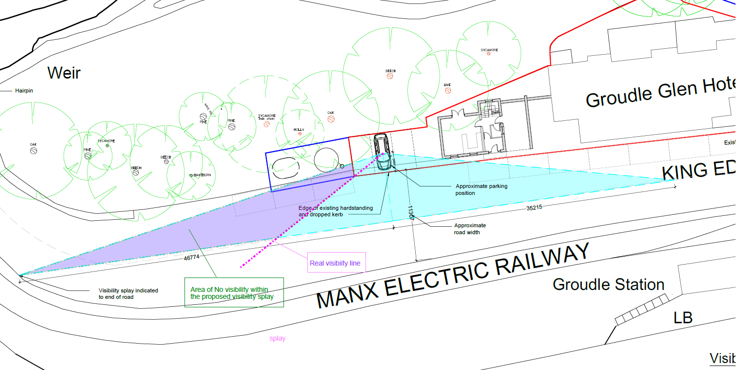 This image displays a technical site plan showing visibility splays and parking arrangements near the Groudle Glen Hotel and Manx Electric Railway. It details landscaping features like trees and road access points.