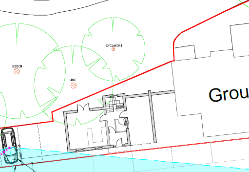 Architectural ground floor plan showing the layout of a proposed new dwelling extension adjacent to an existing building, including site features like trees and parking.
