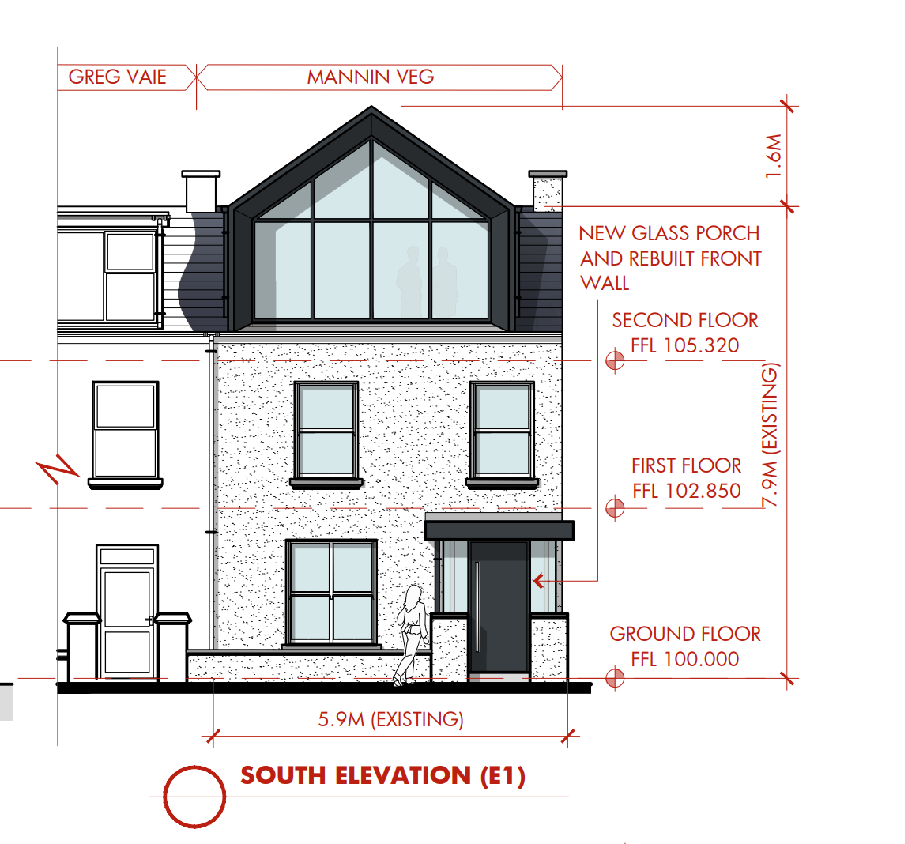 Architectural elevation drawing showing the south face of a house with a new dormer and glass porch.