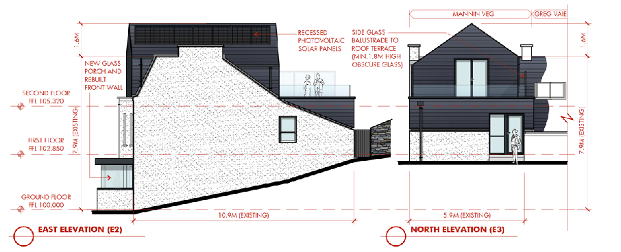 Architectural elevation drawings showing the East and North sides of a proposed house extension with solar panels and dimensions.