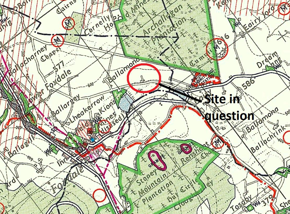 A topographical site location map highlighting the proposed development site with a red circle and text label 'Site in question' within a rural setting near Ballamona.