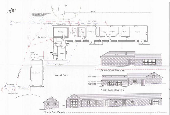 Architectural drawing showing a ground floor plan and three elevations of a building with rooms labeled therapy, reception, and office.