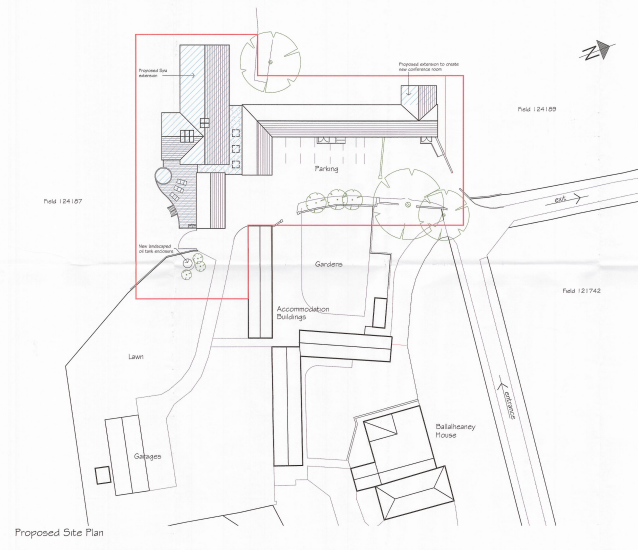 A black and white site plan labeled 'Proposed Site Plan' showing a property layout with buildings, parking, and gardens, with a red box indicating a proposed extension area.