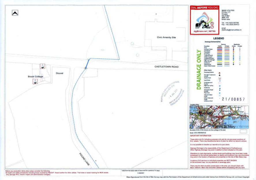 This image displays a drainage site plan showing property boundaries, nearby roads, and utility symbols. It features a legend for underground services and a small location map inset.