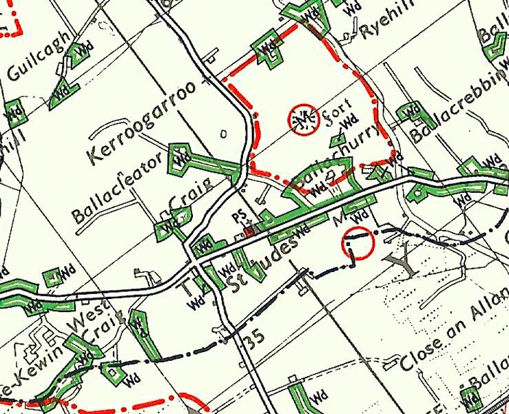 This image displays a detailed map of a rural area showing scattered buildings, roads, and field boundaries. A red line highlights a specific site boundary or area of interest within the location.
