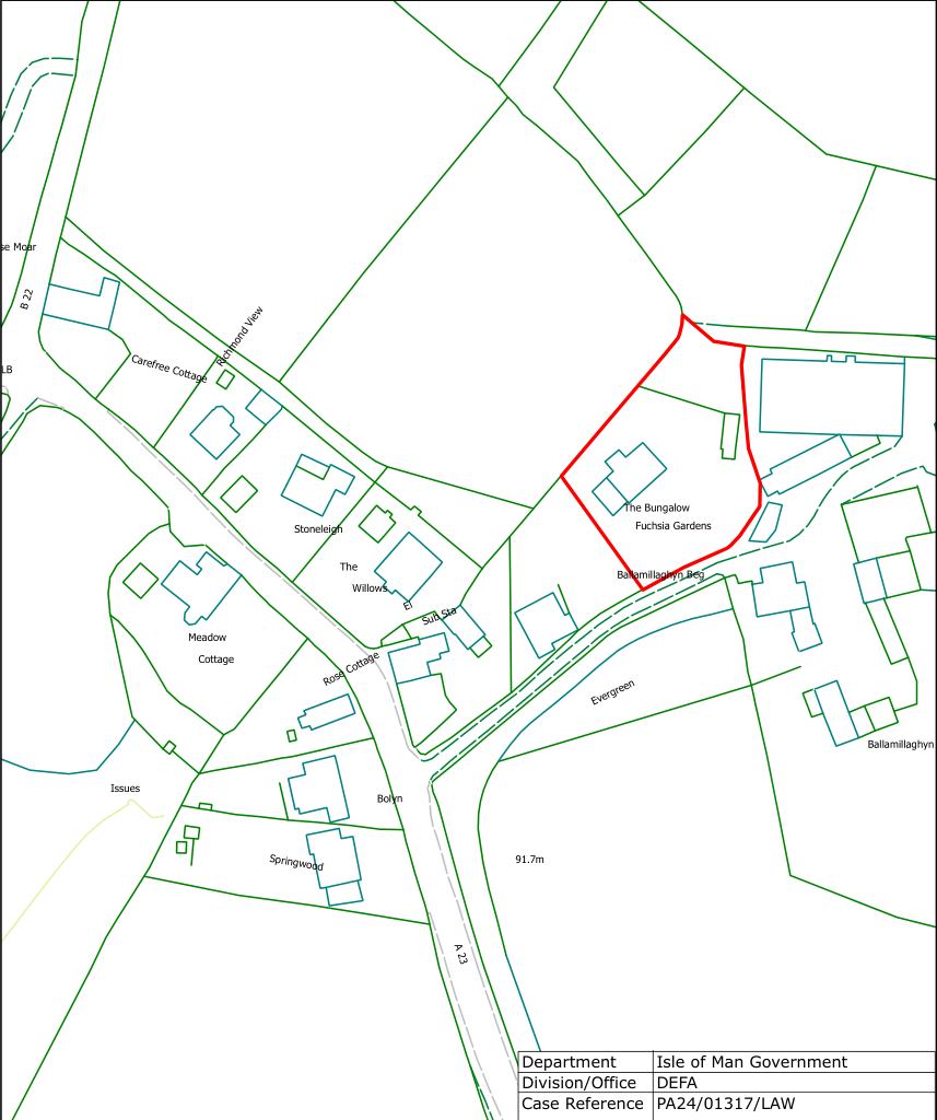A site plan highlighting a property boundary in red containing a building labeled 'The Bungalow Fuchsia Gardens' situated on Ballamillaghyn Beg.